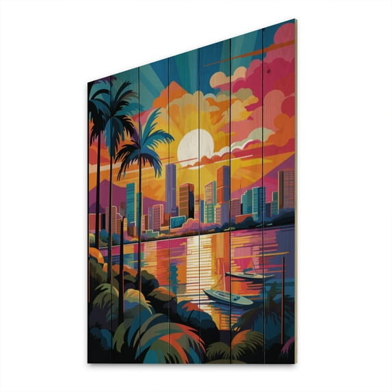 Designart "Pop Art Maui II" Cityscapes Print on Natural Pine Wood
