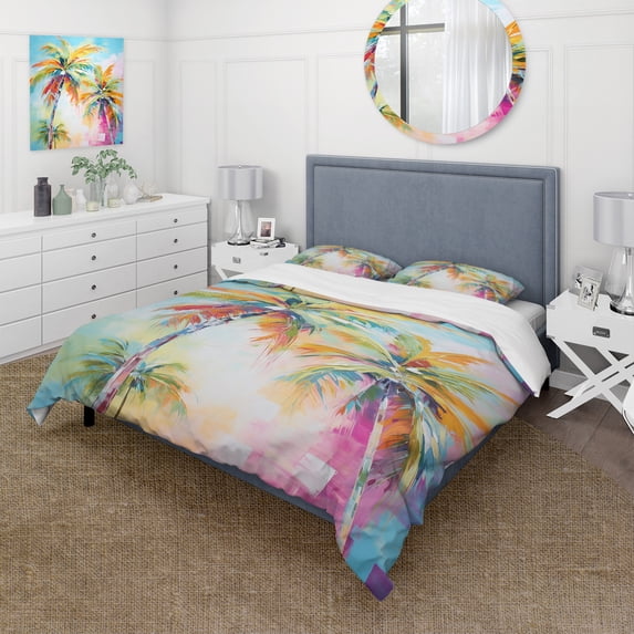 Designart "Pop Art Palm Trees III" Floral Bedding Covert Set - Palms & Palm Trees Multi-Color Traditional Bed Set With 2 Shams