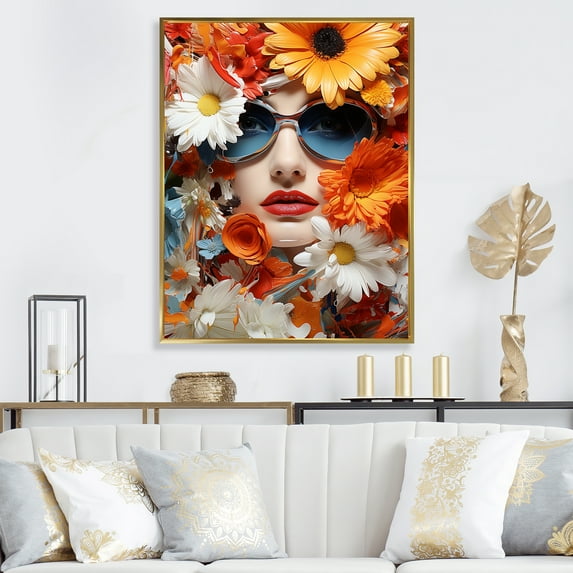 Designart "Pop Art Portrait Glam Floral Woman with Sunglasses and Flowers II" Fashion Framed Wall Art - Glam Yellow Fashion Accessories Entryway Framed Wall Art Print
