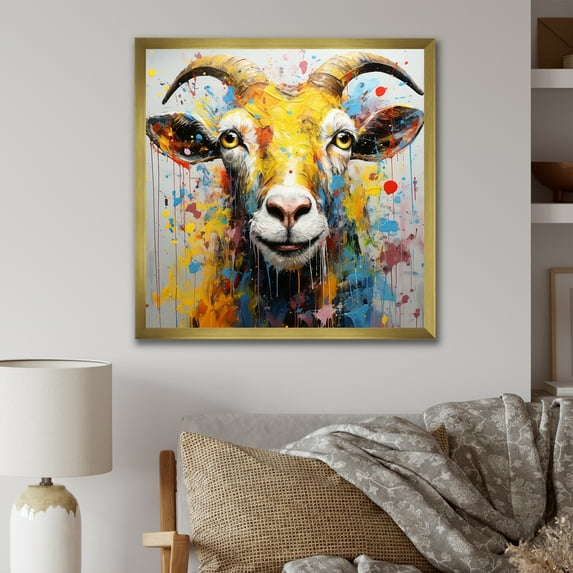 Designart "Pop Art Portrait of a Goat in Yellow" Animals Framed Wall Art Decor - Modern Yellow Goat Entryway Framed Wall Art Print