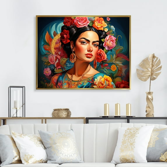 Designart "Pop Art Tribute Frida's Essence in Mexican Fashion" Fashion Framed Wall Art - Glam Pink Pop Art Bedroom Framed Canvas Wall Art
