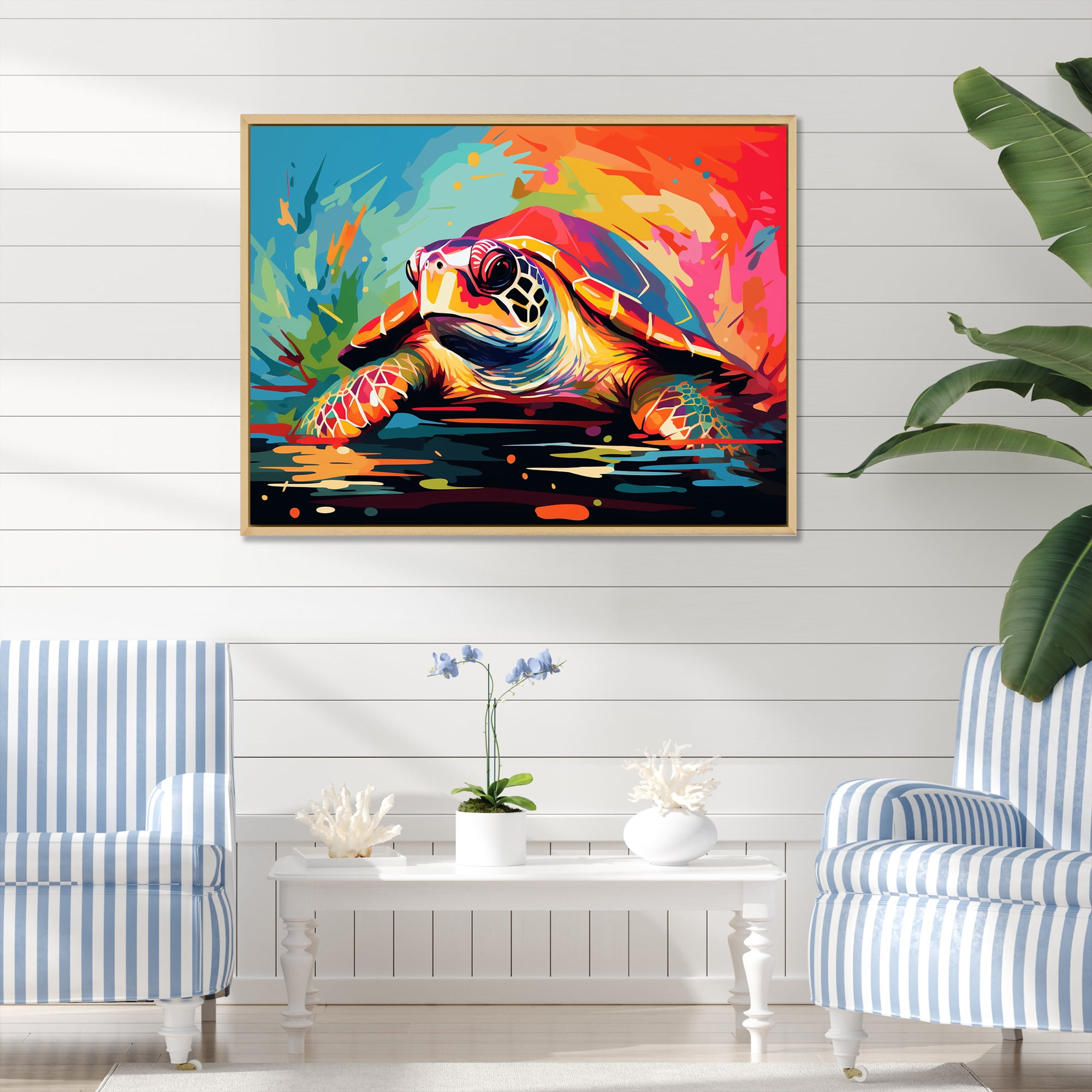 Designart "Pop Art Turtle Aquatic Wonder II" Animals Framed Wall Art