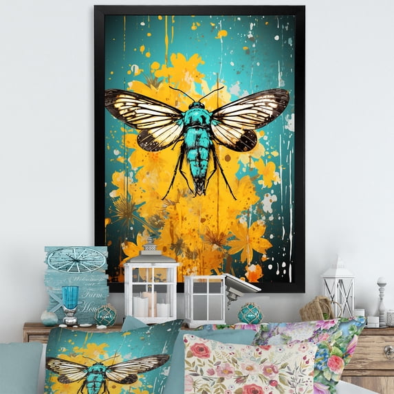 Designart "Pop Insect Art Moth in Green and Yellow I" Animals Framed Wall Art - Modern Green Insects & Bugs Hallway Framed Wall Art Decor