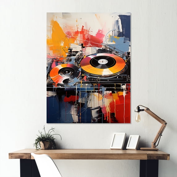 Designart "Pop art DJ Turntables II In Yellow and Red"Turntables & Boom Boxes Metal Wall Art Yellow Modern Office Room Wall Art