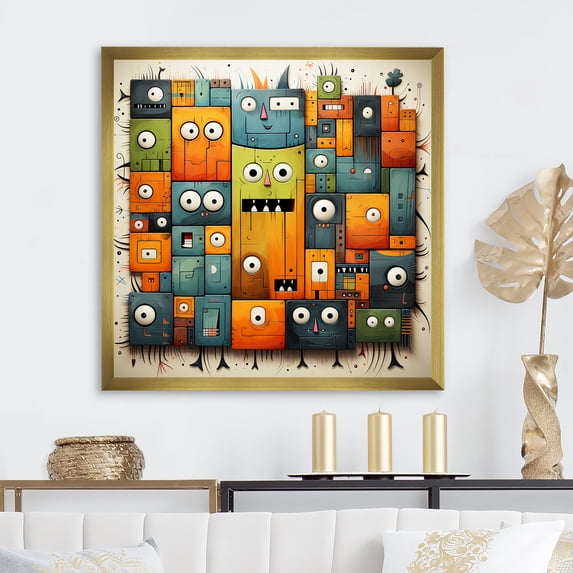 Designart "Popart Collage Colorful Characters I" Abstract Framed Wall Art Decor - Modern Orange Abstract Popart Hallway Framed Wall Art Decor