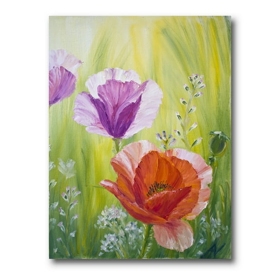 Designart ' Poppies In The Morning In Wild Green ' Traditional Canvas Wall Art Print