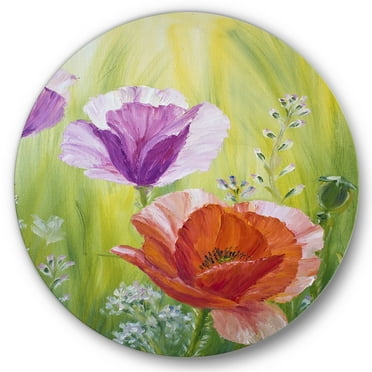 Designart 'Poppies In The Morning In Wild Green' Traditional Circle Metal Wall Art 36x36 - Disc of 36