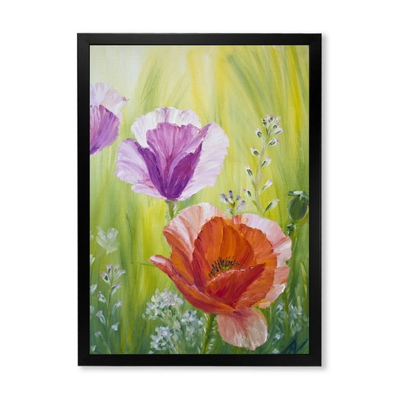 Designart 'Poppies In The Morning In Wild Green' Traditional Framed Art Print