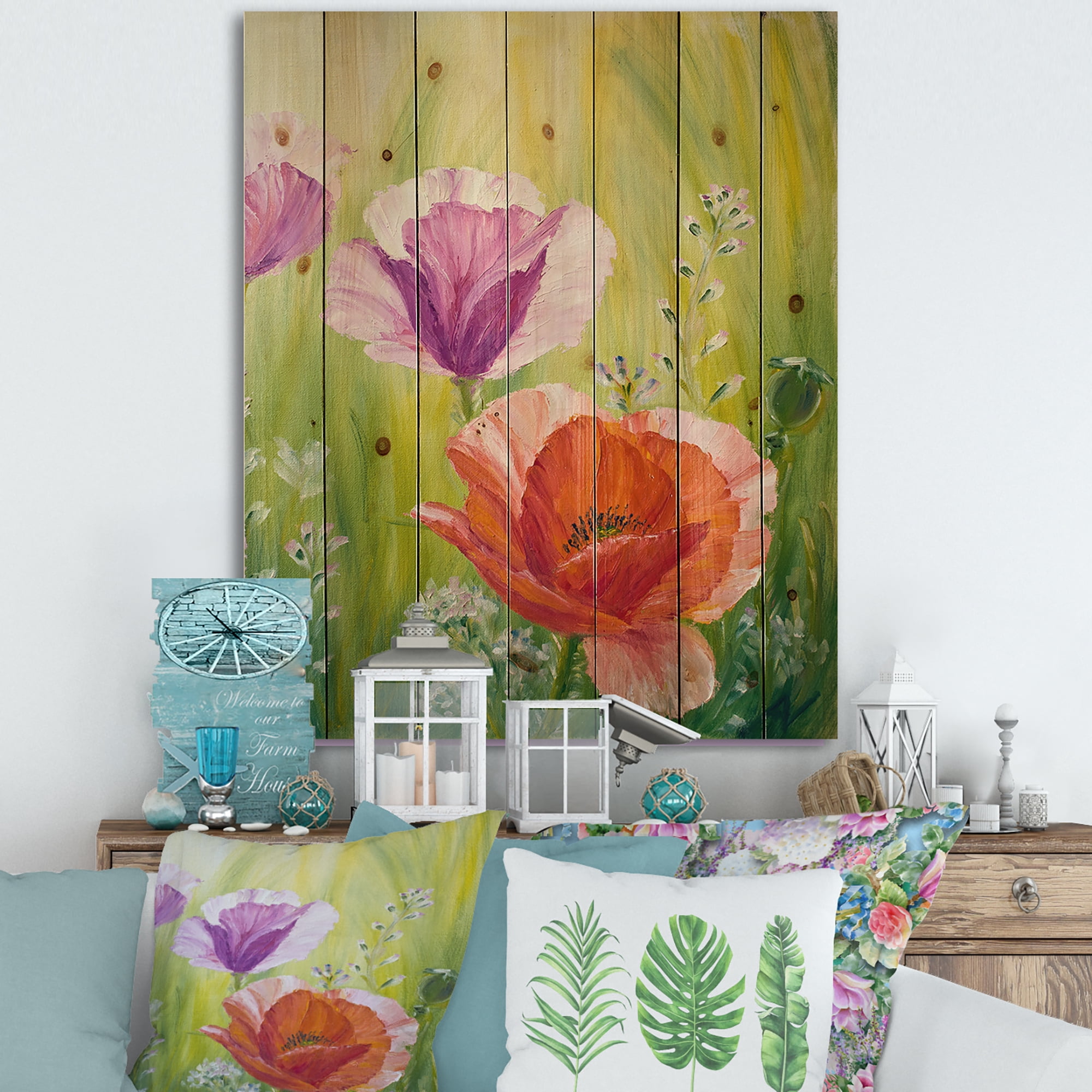 Designart 'Poppies In The Morning In Wild Green' Traditional Print on Natural Pine Wood