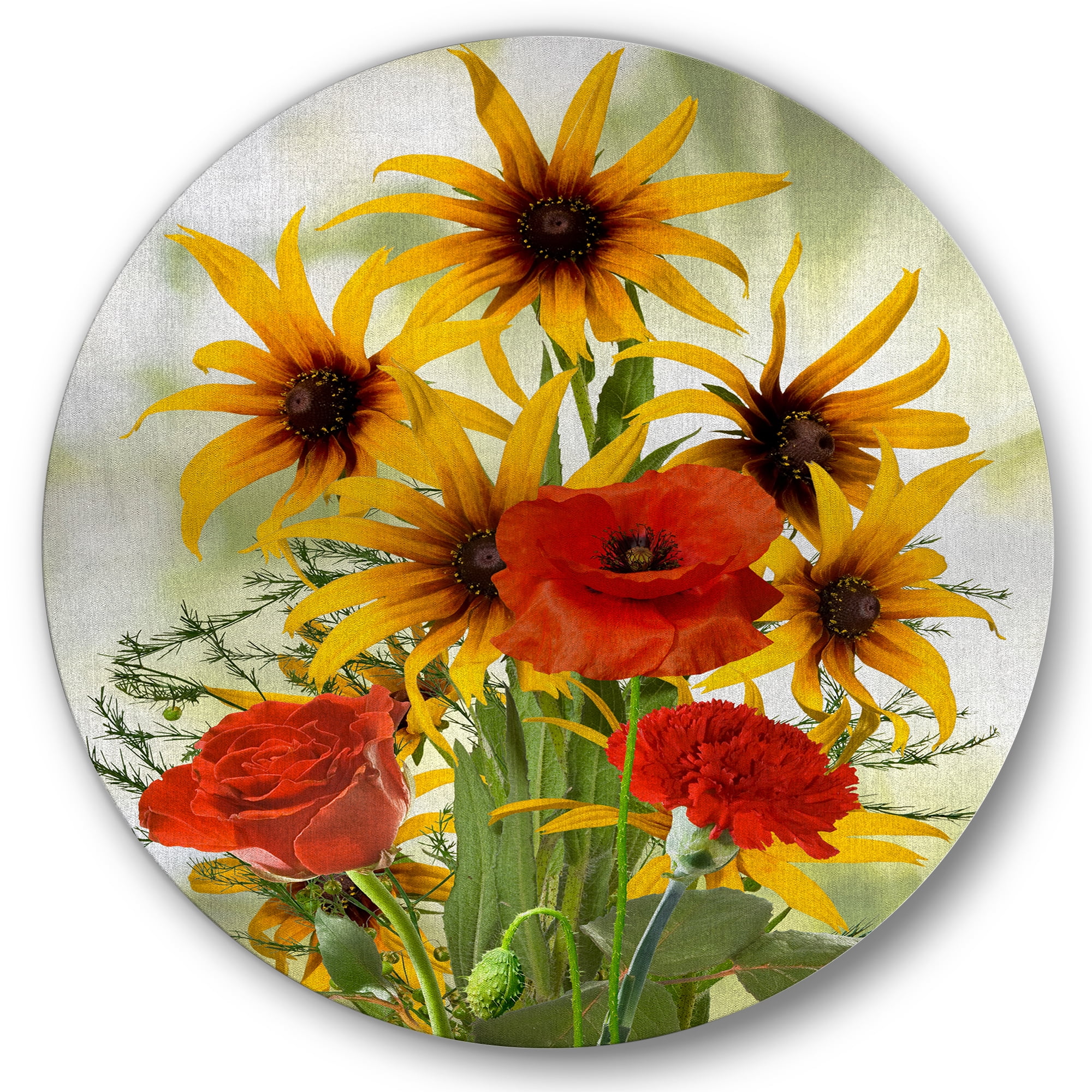 Designart 'Poppies and Sunflowers In The Wild' Traditional Circle Metal Wall Art 11x11 - Disc of 11