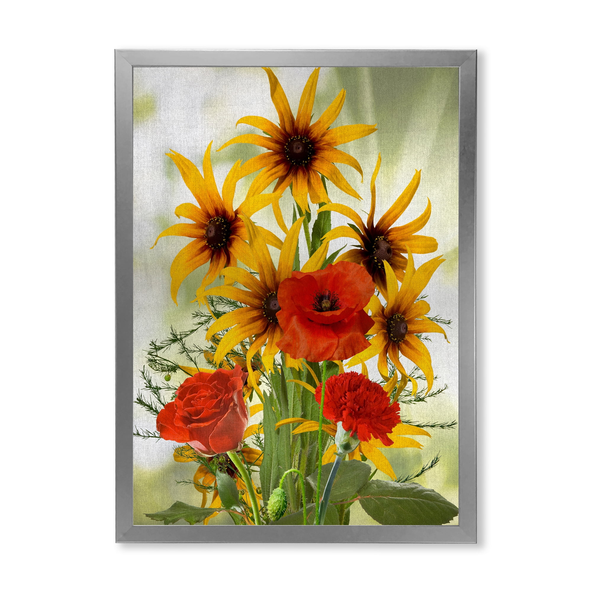 Designart 'Poppies and Sunflowers In The Wild' Traditional Framed Art Print