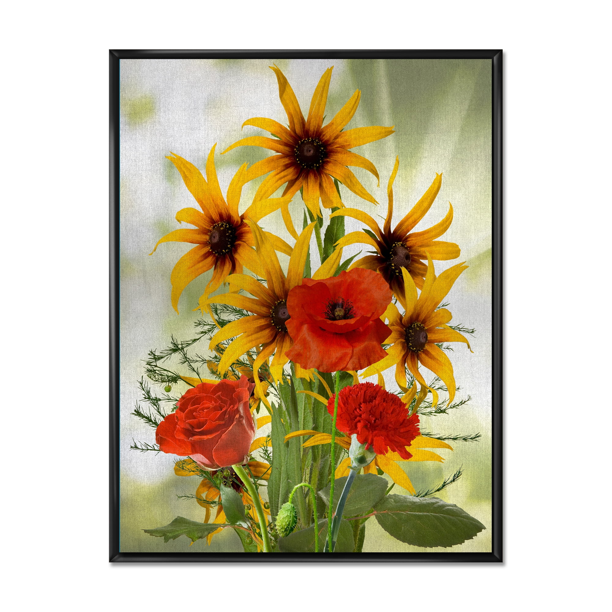 Designart 'Poppies and Sunflowers In The Wild' Traditional Framed Canvas Wall Art Print