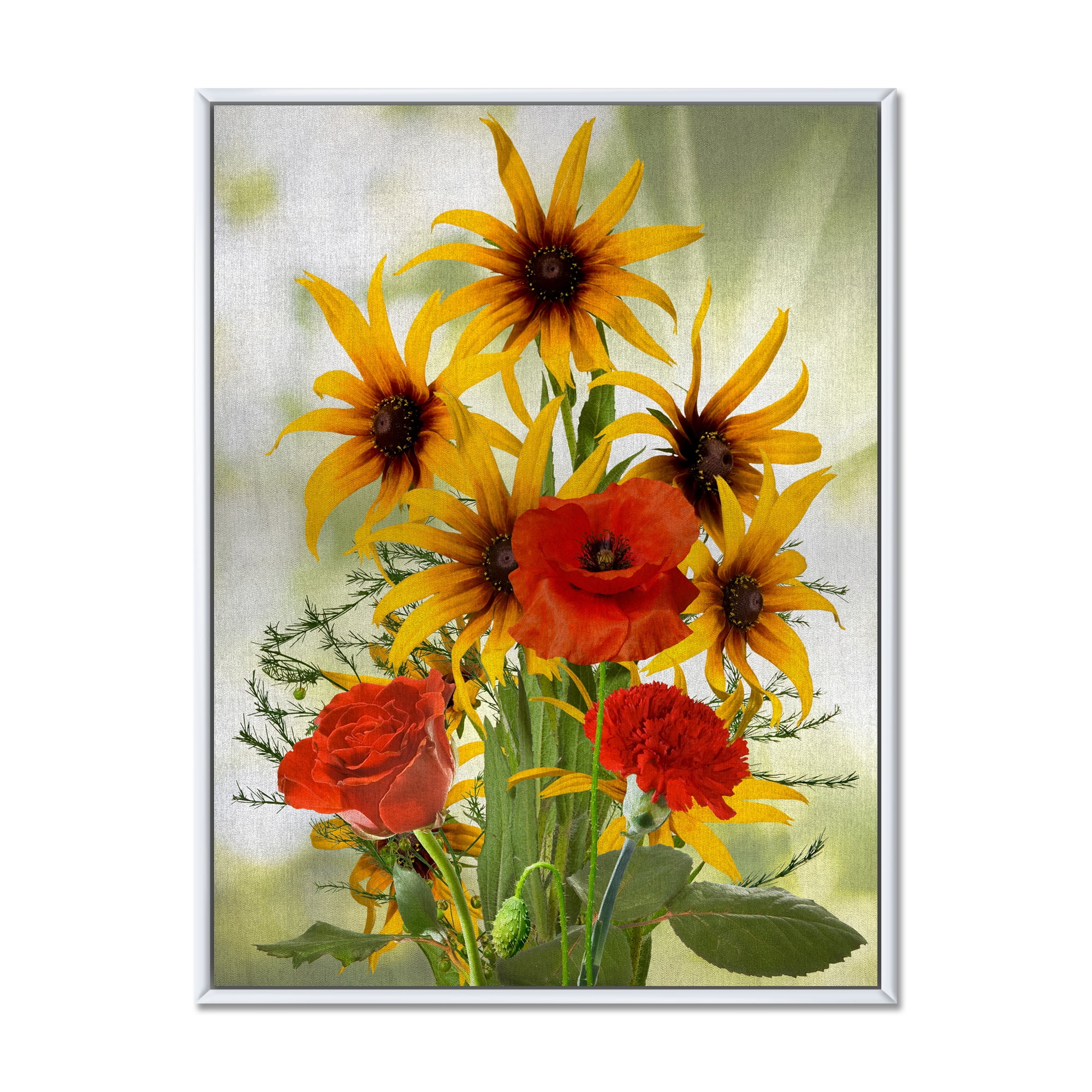 Designart 'Poppies and Sunflowers In The Wild' Traditional Framed Canvas Wall Art Print