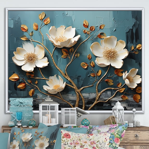 Designart "Poppies in Blue White and Blue Ambiance" Floral Framed Wall Art - Modern Farmhouse White Abstract Floral Entryway Framed Wall Art Print