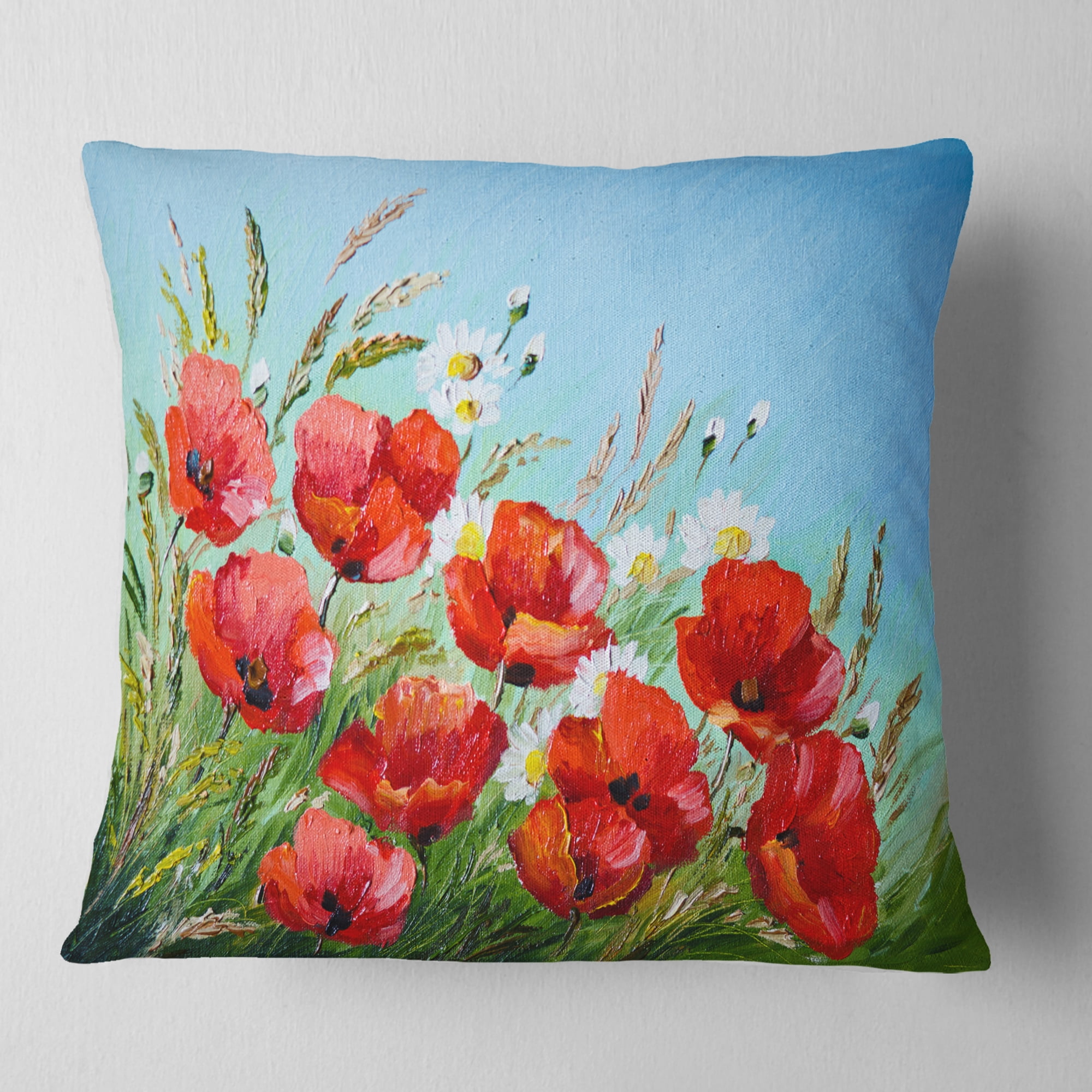 Designart Poppies in Field against Blue Sky - Floral Throw Pillow - 18x18