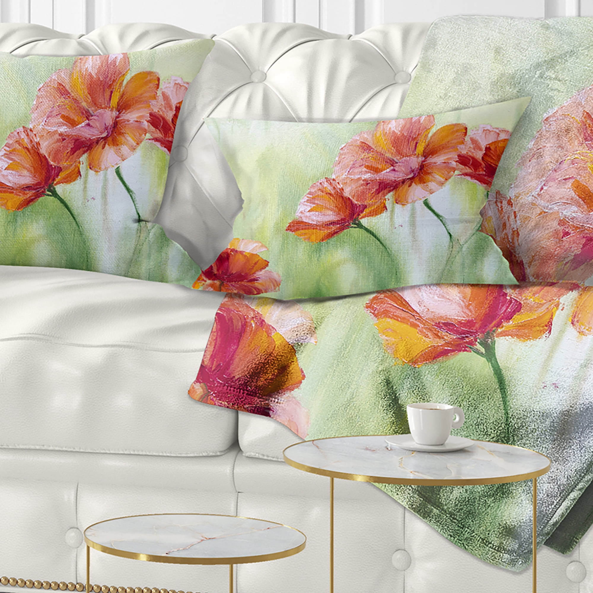 Designart Poppies in Light Green - Floral Throw Pillow - 12x20