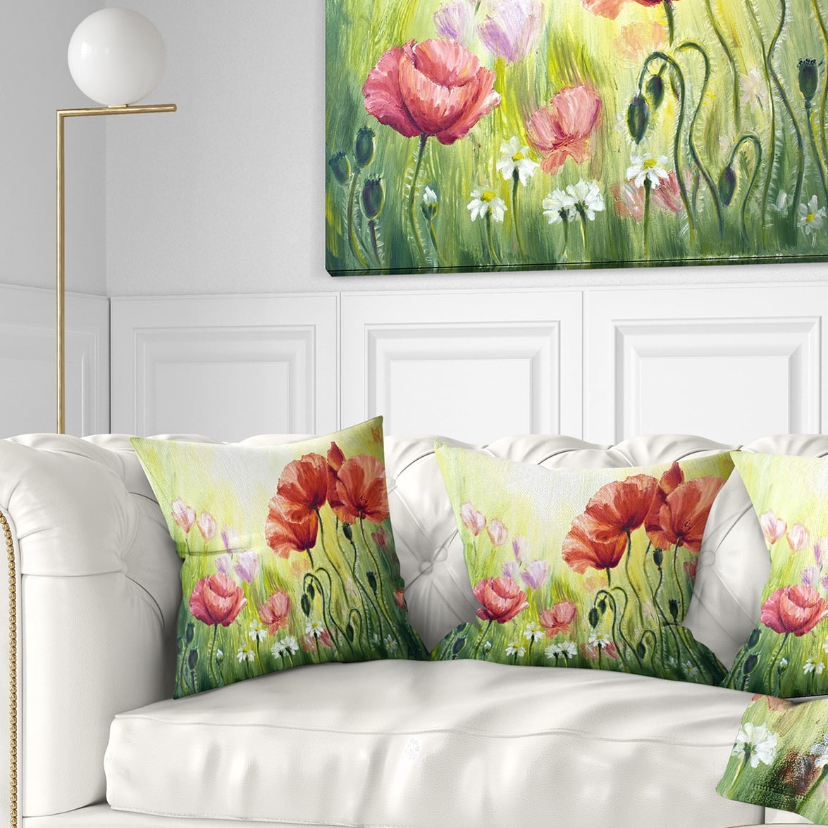 Designart Poppies in Morning - Floral Throw Pillow - 16x16