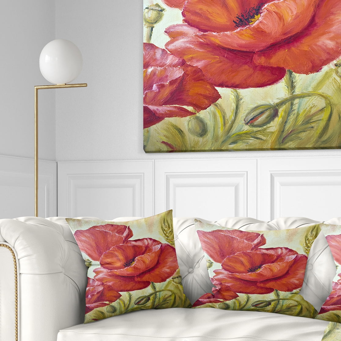 Designart Poppies in Wheat - Floral Throw Pillow - 18x18