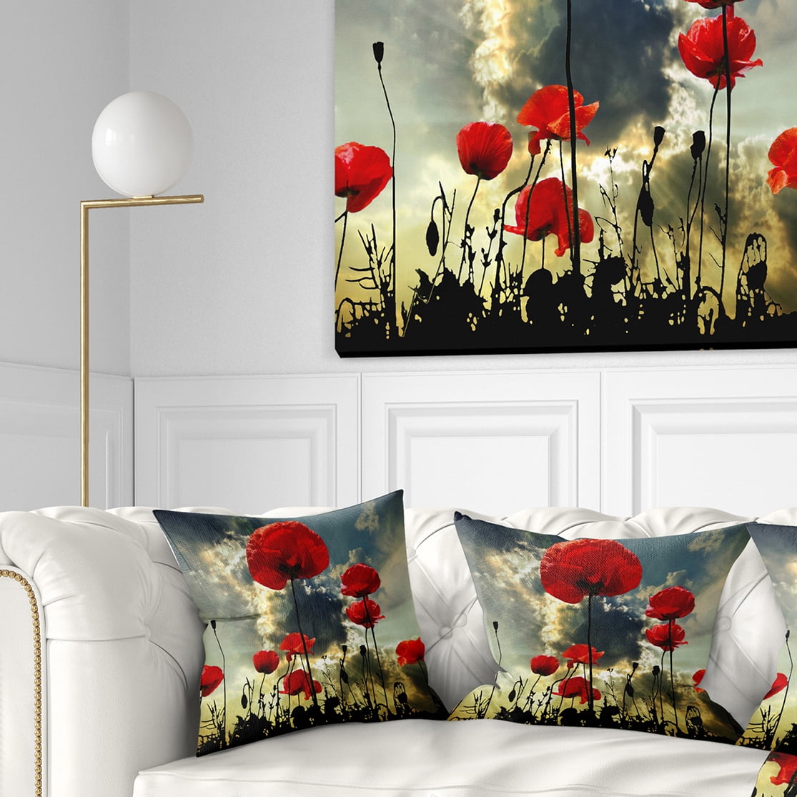 Designart Poppies on Thunderstorm Background - Floral Throw Pillow - 16x16