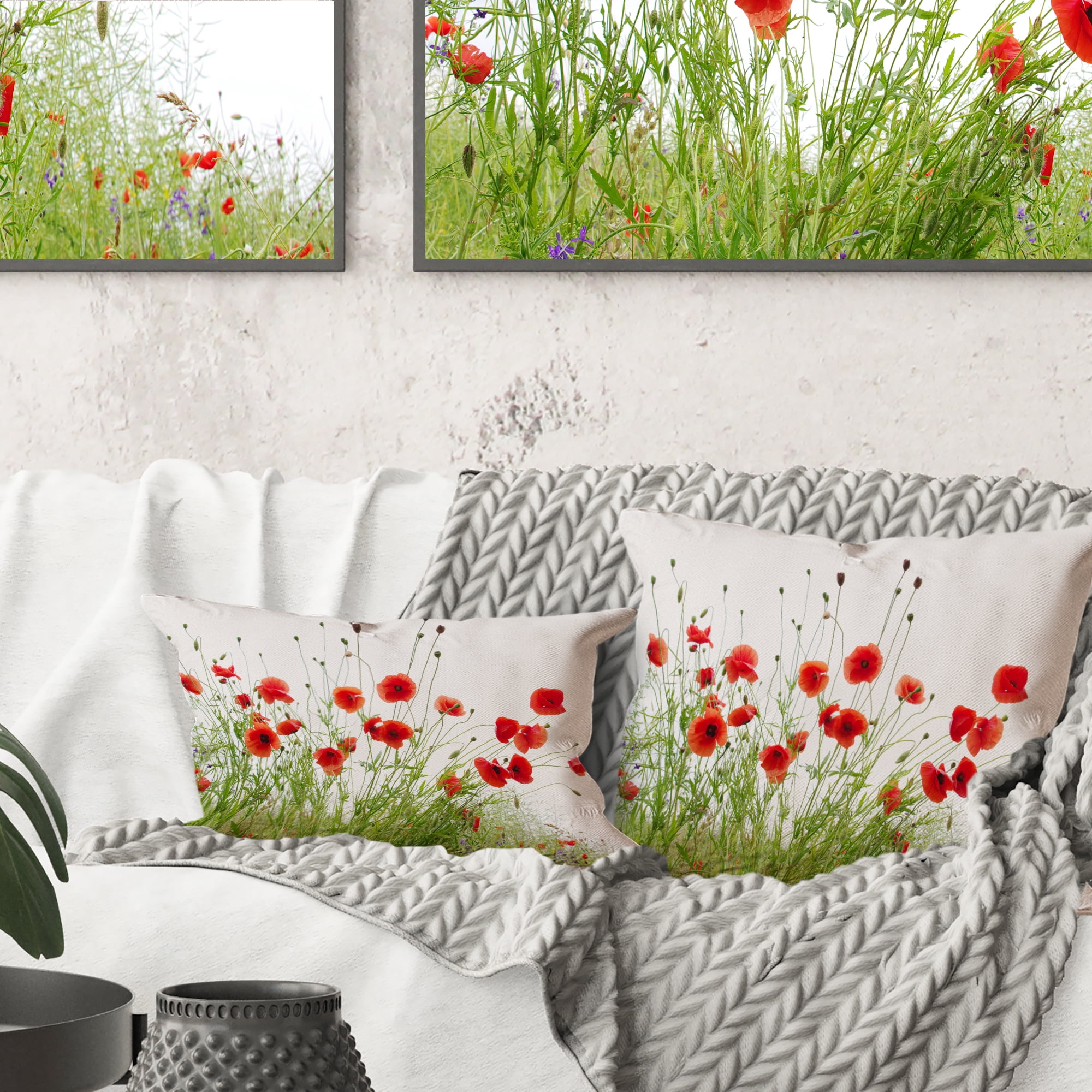 Designart Poppies on White Background - Floral Throw Pillow - 16x16