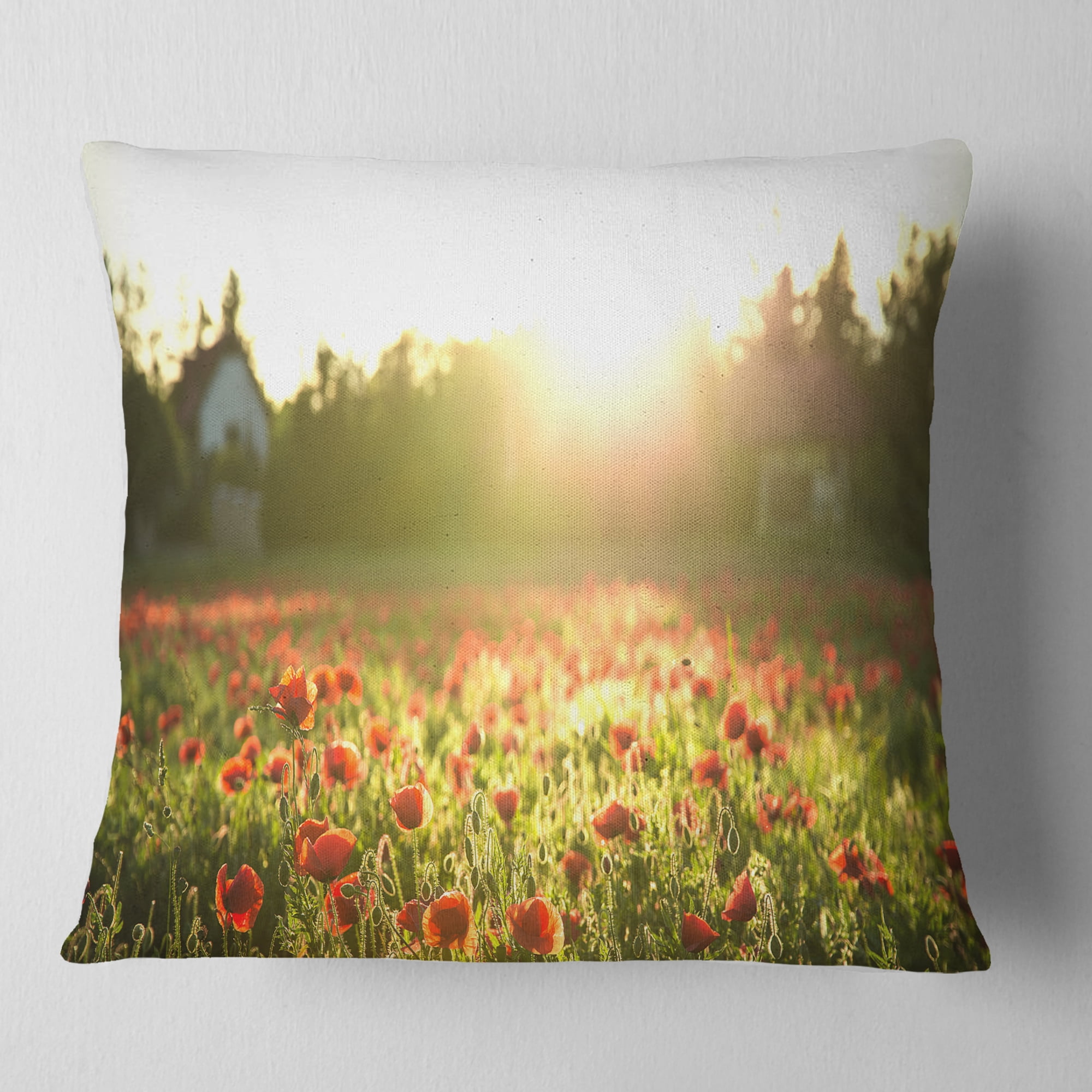 Designart Poppy Field under Bright Sunlight - Landscape Printed Throw Pillow - 16x16