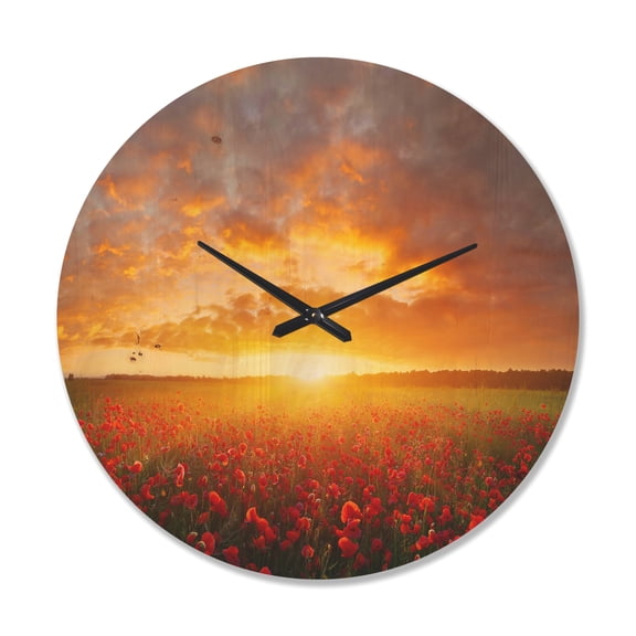 Designart 'Poppy Field under Bright Sunset Glow' Modern Wood Wall Clock