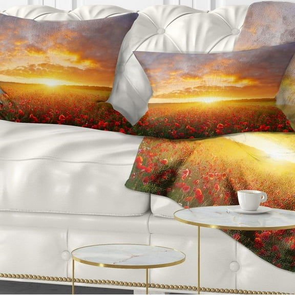 Designart Poppy Field under Bright Sunset - Landscape Printed Throw Pillow - 12x20