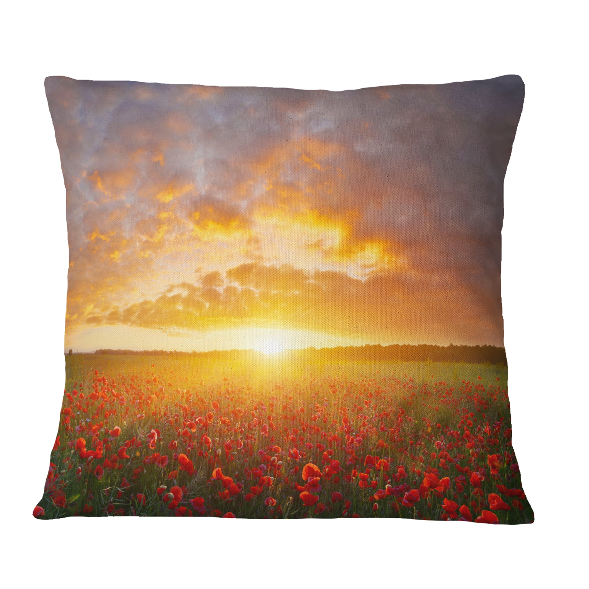 Designart Poppy Field under Bright Sunset - Landscape Printed Throw Pillow - 18x18