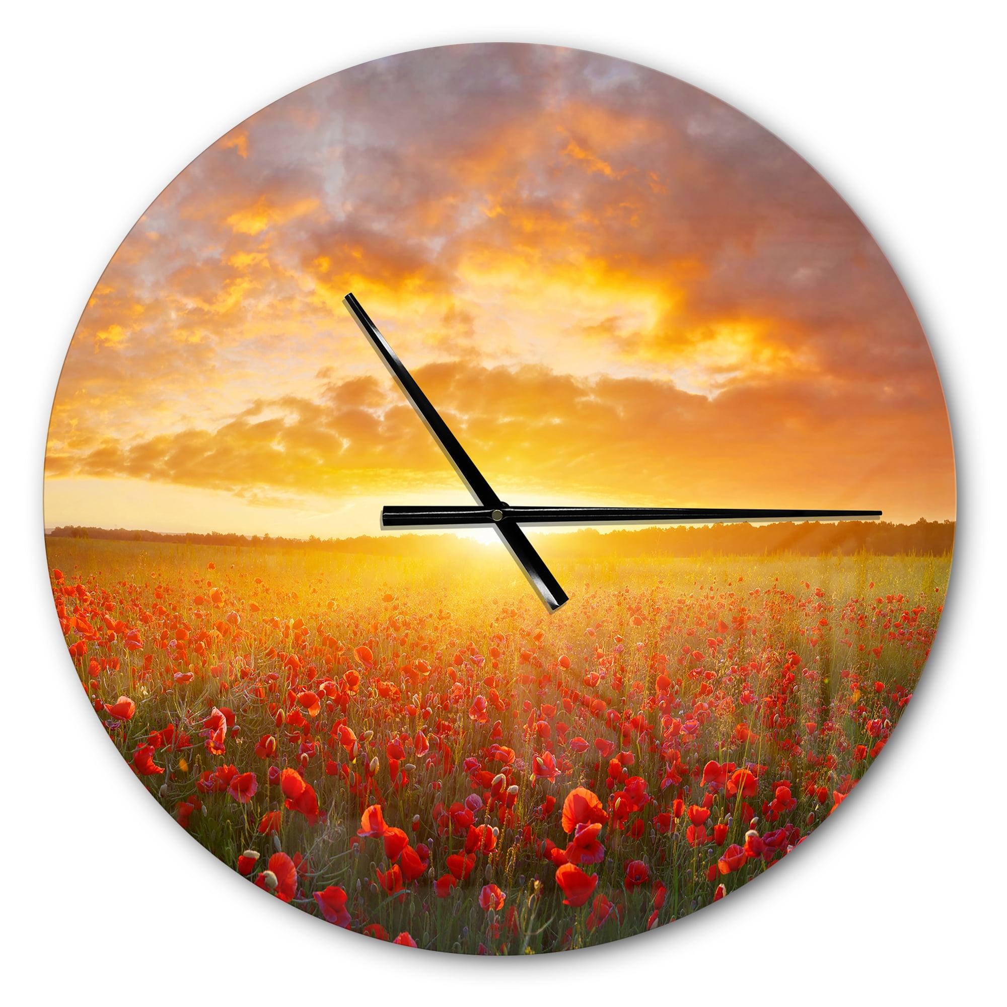Designart 'Poppy Field under Bright Sunset ' Modern wall clock