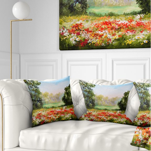 Designart Poppy Field with Sky - Landscape Printed Throw Pillow - 16x16