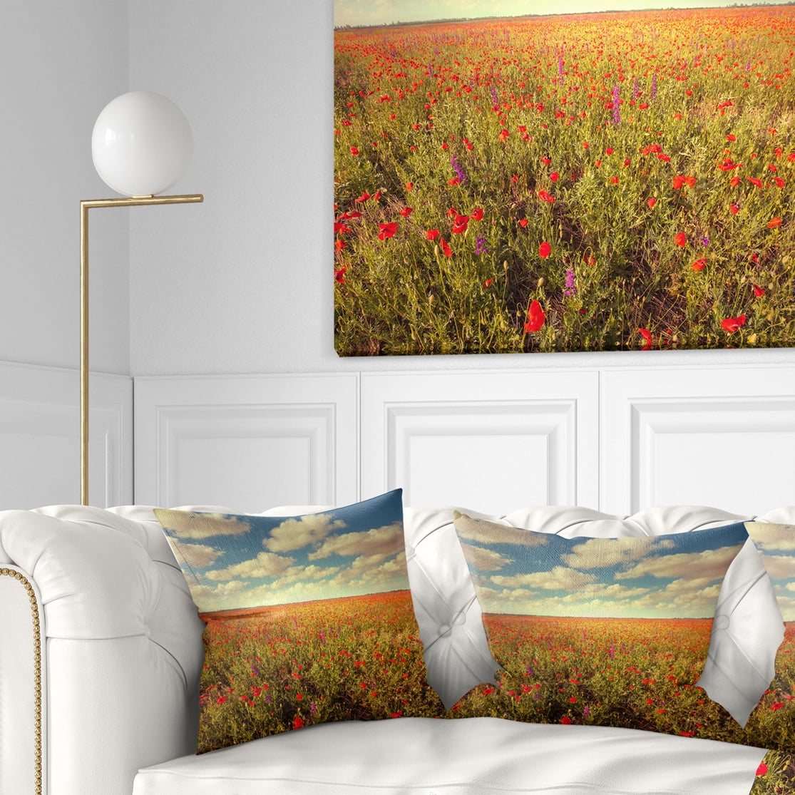 Designart Poppy Filed under Bright Sky - Floral Throw Pillow - 18x18