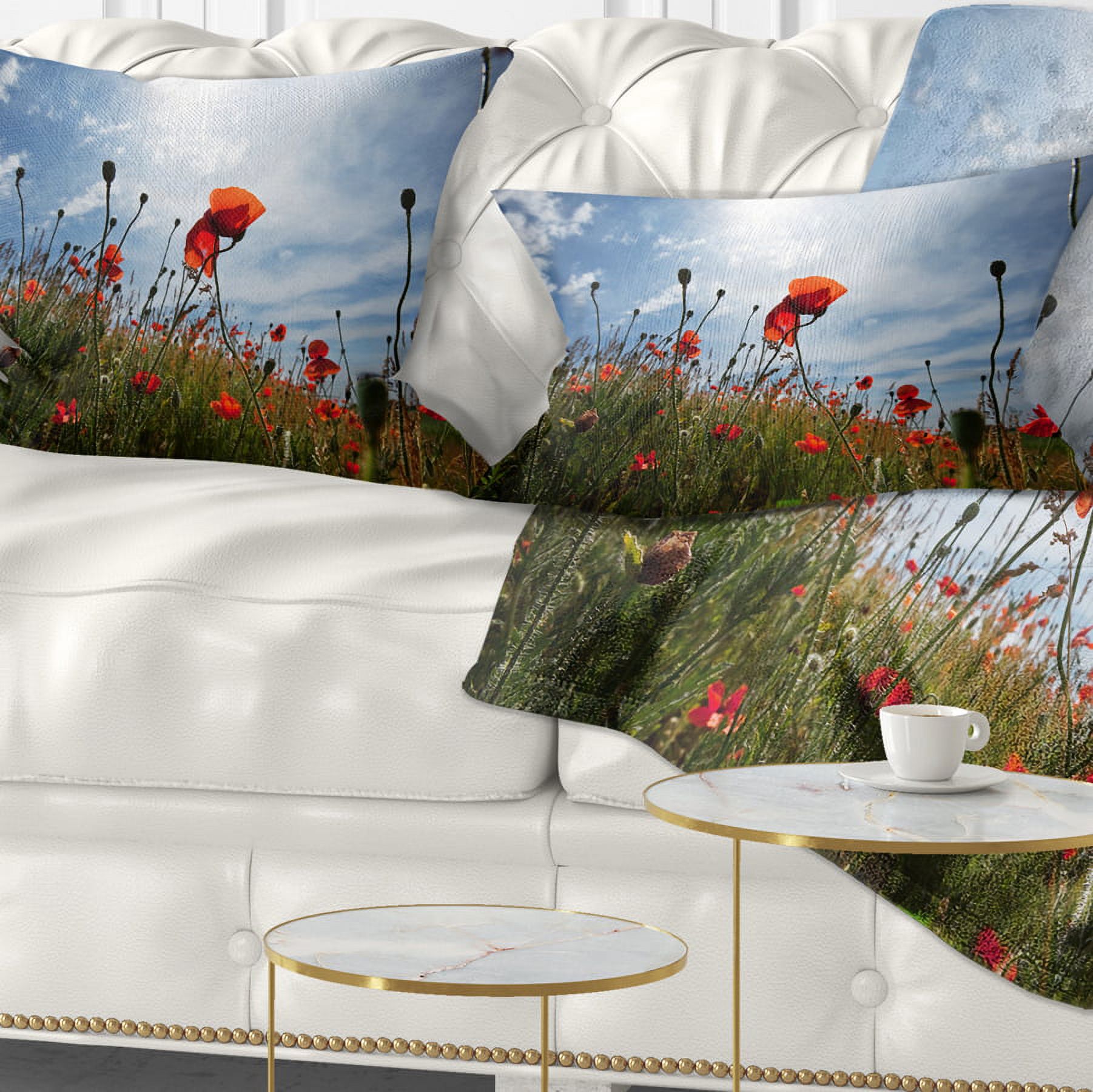 Designart Poppy Flower Field View From Ground - Floral Throw Pillow - 12x20