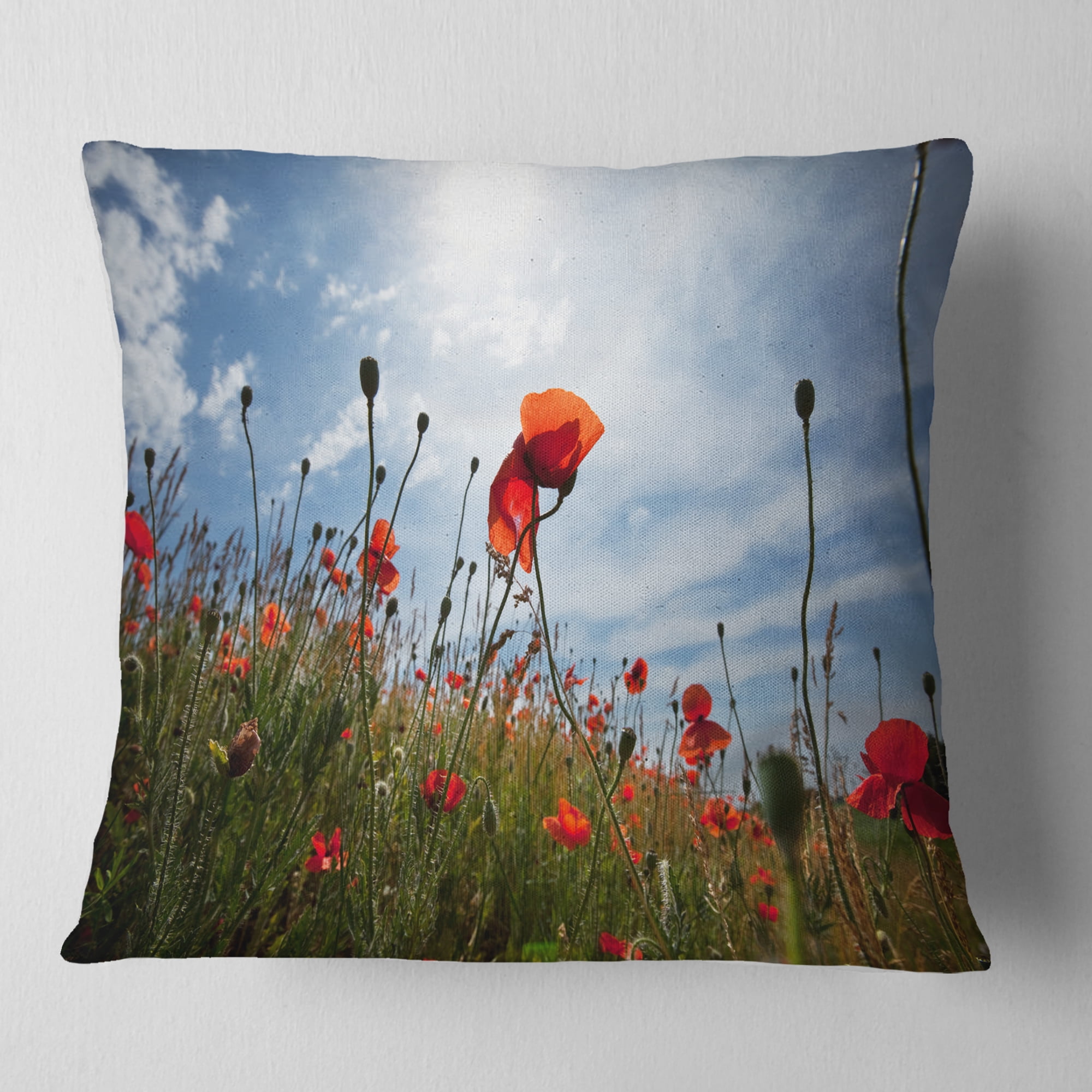 Designart Poppy Flower Field View From Ground - Floral Throw Pillow - 18x18