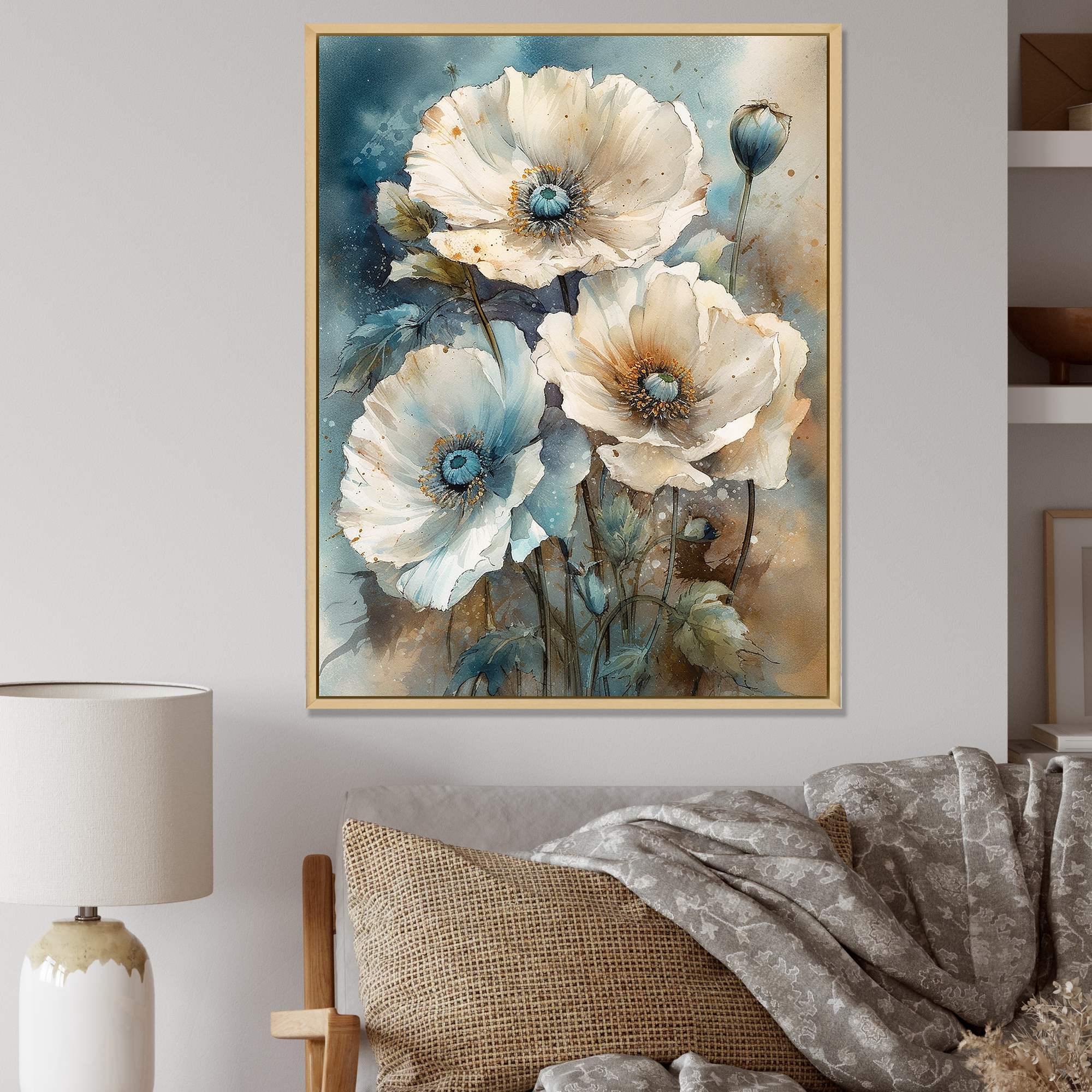 Designart "Poppy Flowers In Pale Blue And White" Poppies Floater Framed ...