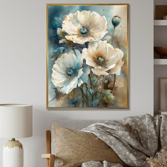 Designart "Poppy Flowers In Pale Blue And White" Poppies Floater Framed Canvas Wall Art