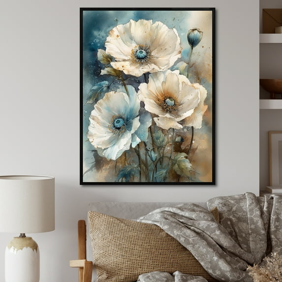 Designart "Poppy Flowers In Pale Blue And White" Poppies Floater Framed Canvas Wall Art
