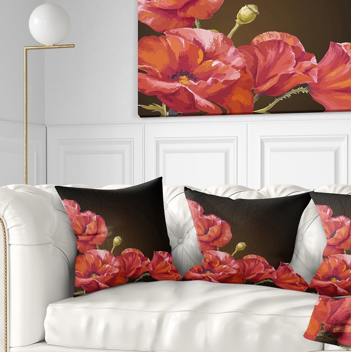 Designart Poppy Flowers Vector Art - Floral Throw Pillow - 18x18