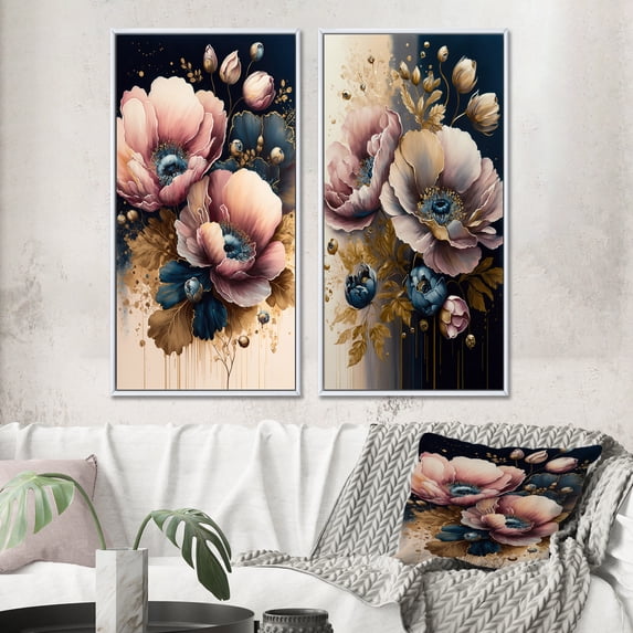 Designart "Poppy Flowers in Bold Pink and Blue I" Poppy Framed Wall Art Set Of 2 - Pink Floral Framed Wall Art Set Of 2