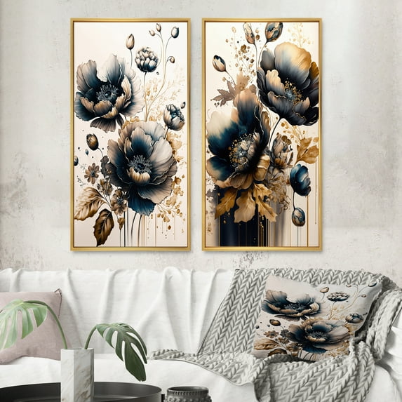 Designart "Poppy Flowers in Navy Blue and Gold I" Poppy Framed Wall Art Set Of 2 - Blue Floral Framed Canvas Set For Living Room Decor