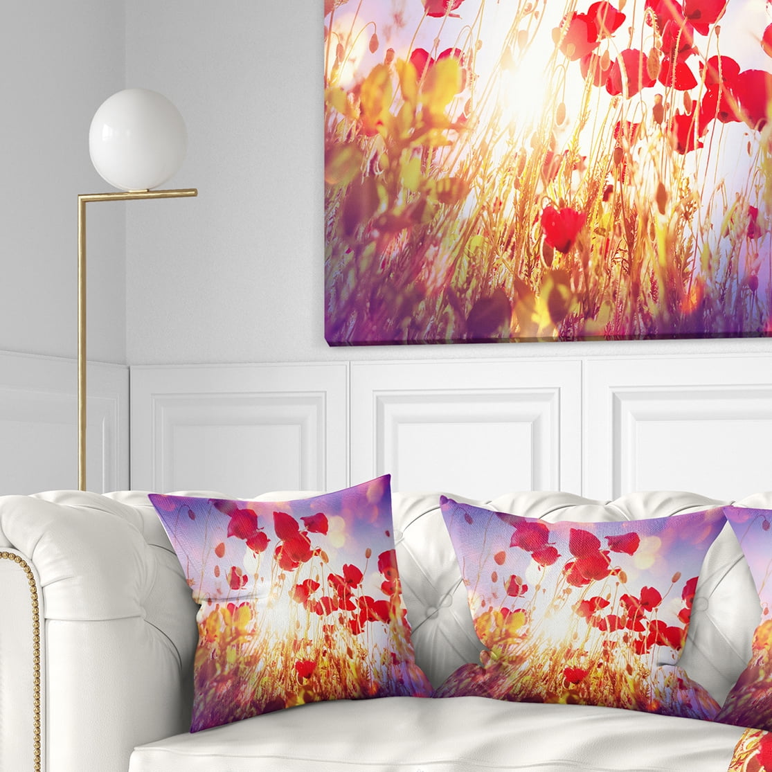 Designart Poppy Flowers on Blue Background - Flower Throw Pillow - 18x18