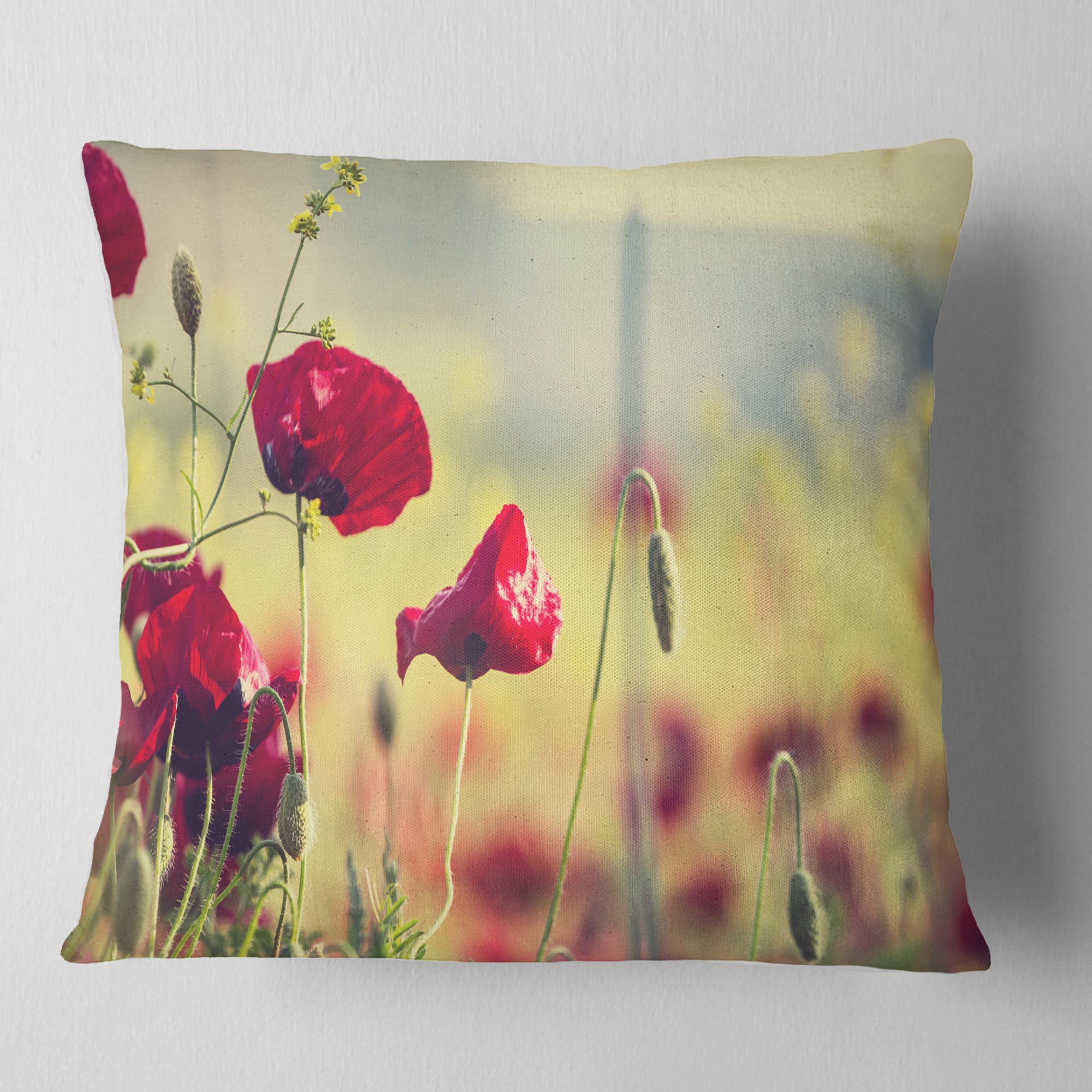 Designart Poppy Flowers on Green Background - Floral Throw Pillow - 16x16
