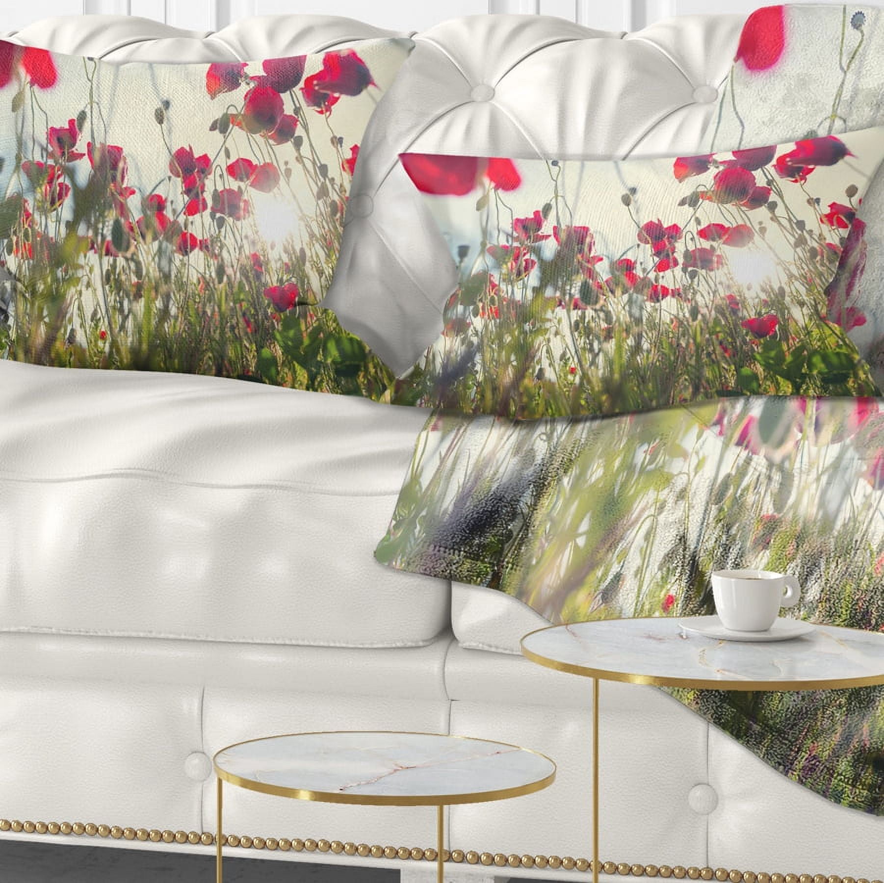Designart Poppy Flowers on Summer Meadow - Floral Throw Pillow - 12x20