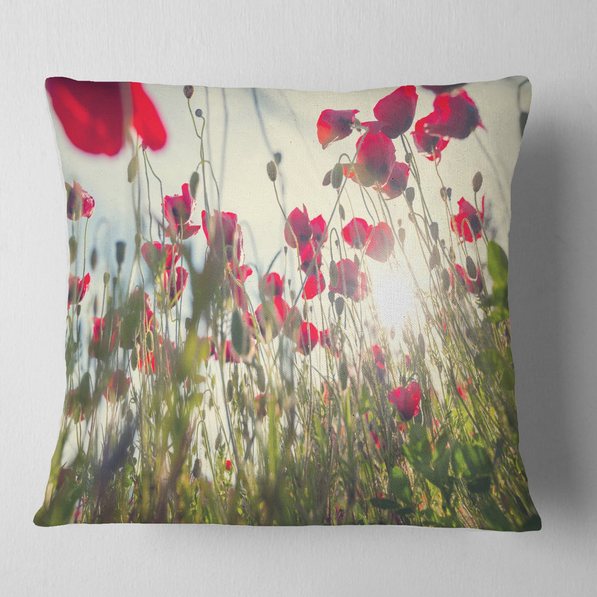 Designart Poppy Flowers on Summer Meadow - Floral Throw Pillow - 18x18