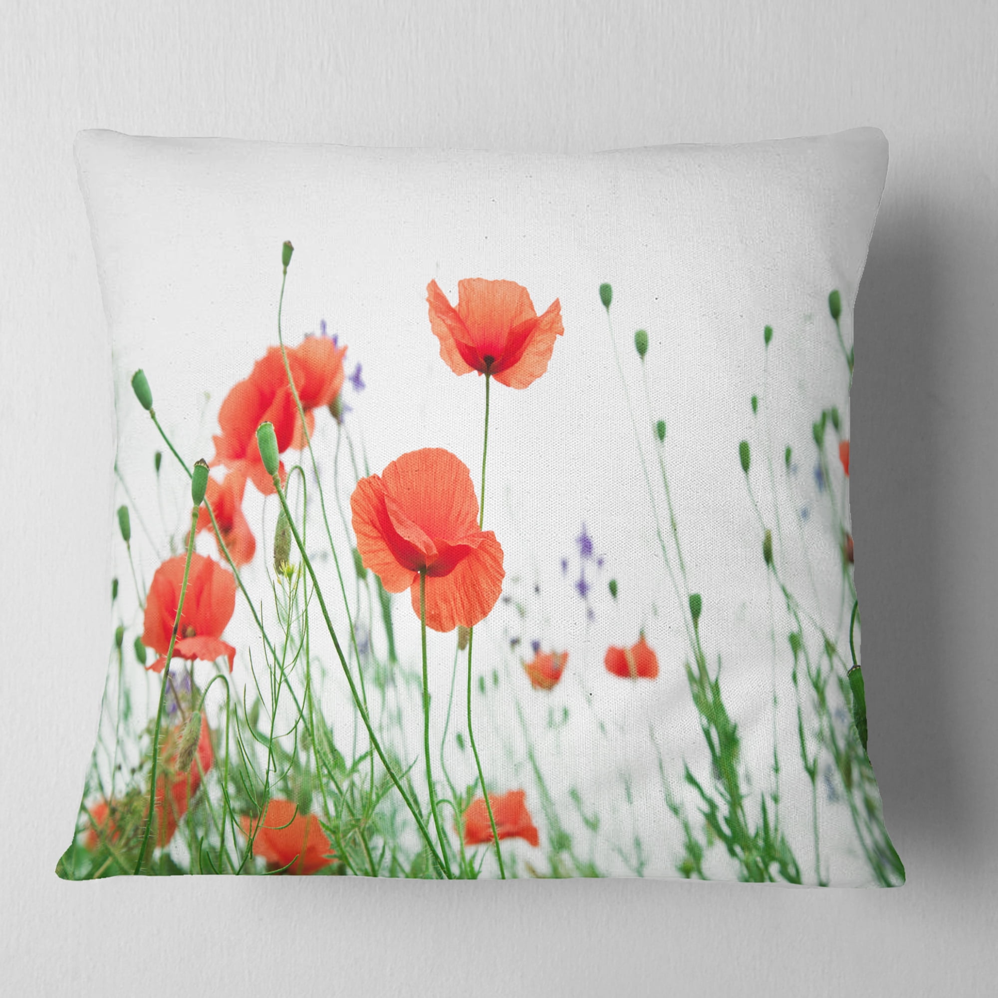 Designart Poppy Flowers on White Background - Floral Throw Pillow - 16x16