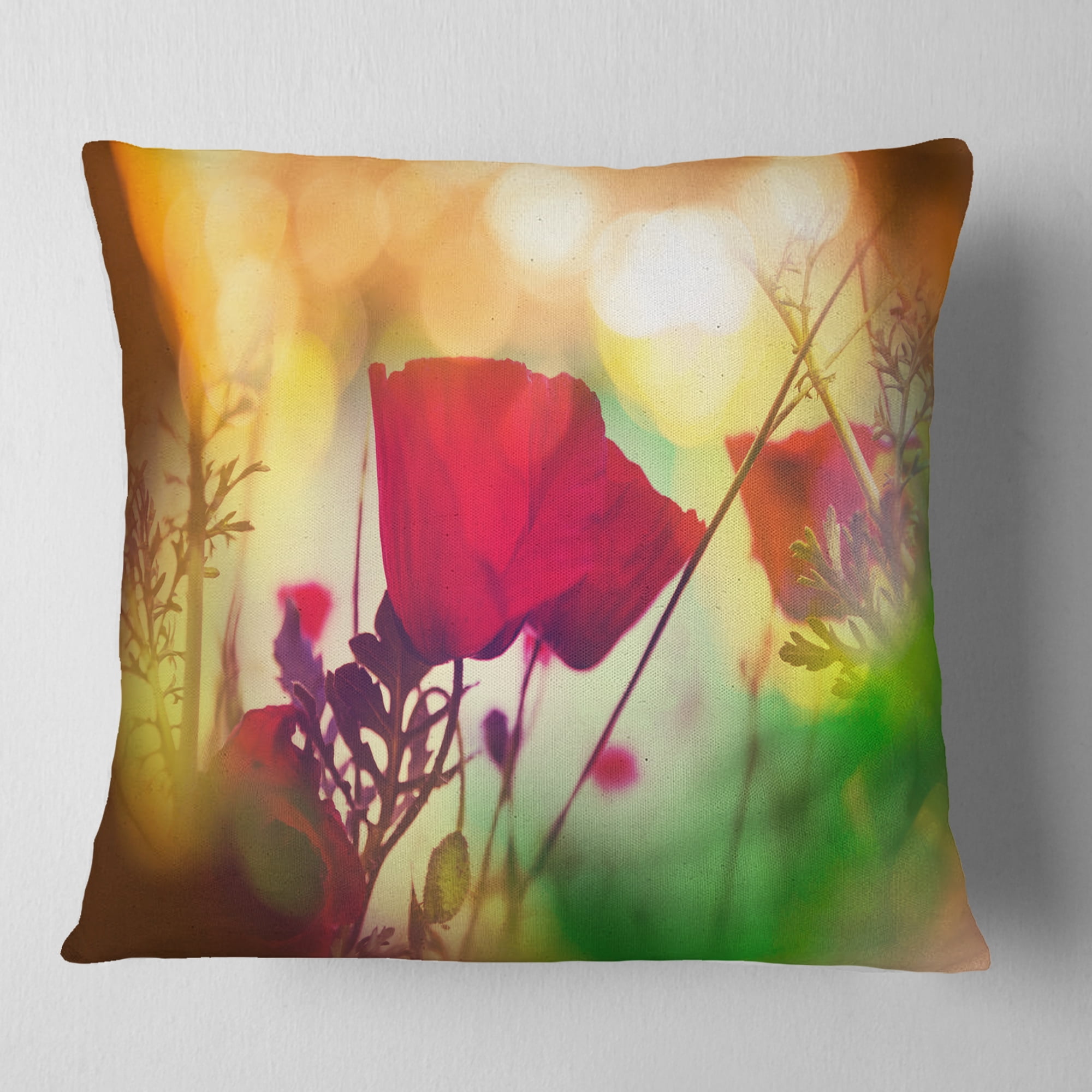 Designart Poppy Flowers with Bokeh Background - Floral Throw Pillow - 18x18