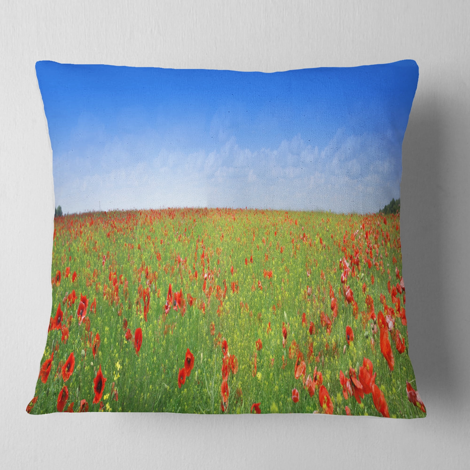 Designart Poppy Meadow Panorama - Landscape Printed Throw Pillow - 16x16