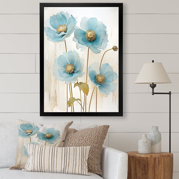 Designart "Poppy Meadow in Blue and Grey" Floral Framed Wall Art - Traditional Blue Poppies Bedroom Framed Canvas Wall Art