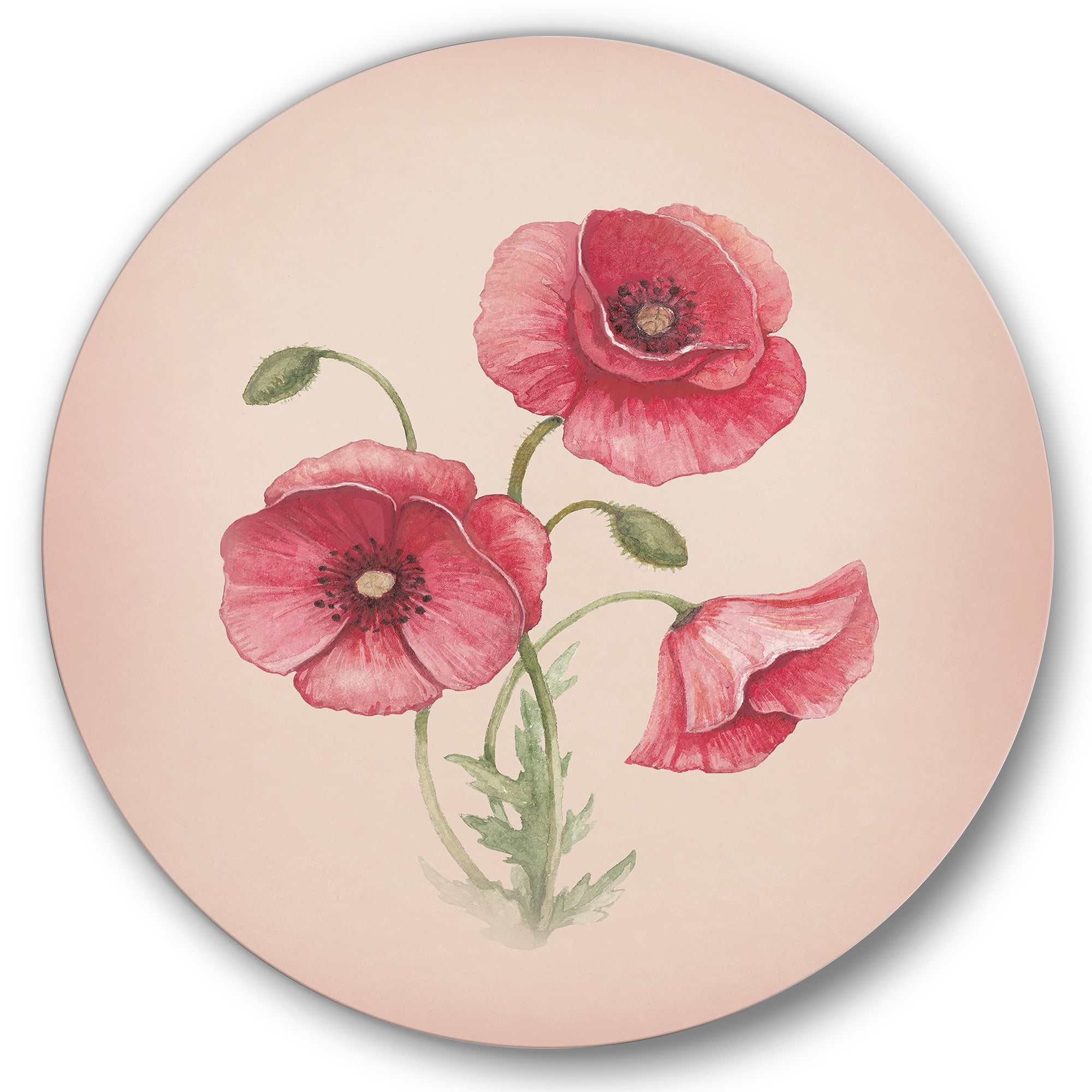 Designart 'Poppy Retro Flowers' Vintage Circle Metal Wall Art 11x11 - Disc of 11