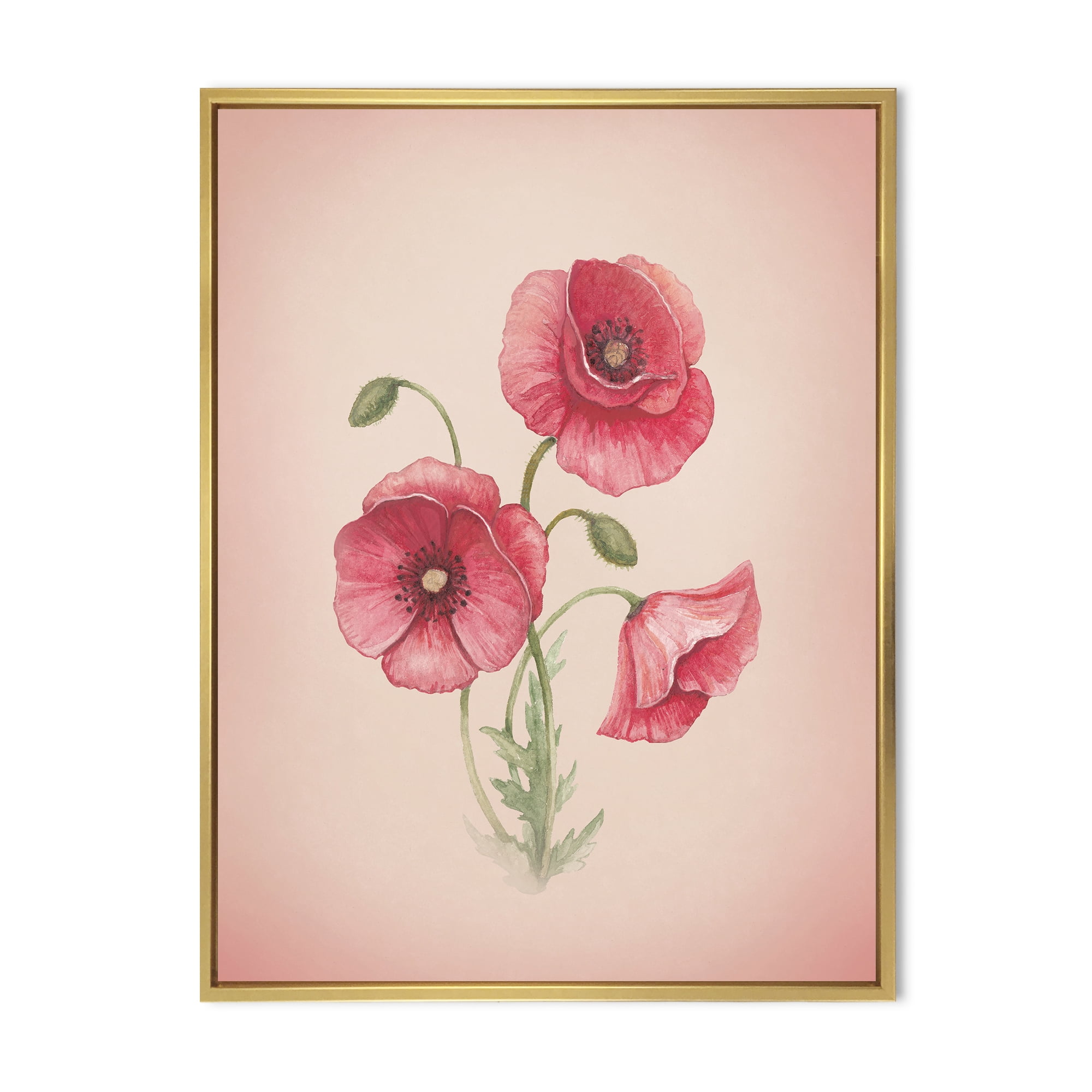 Designart 'Poppy Retro Flowers' Vintage Framed Canvas Wall Art Print