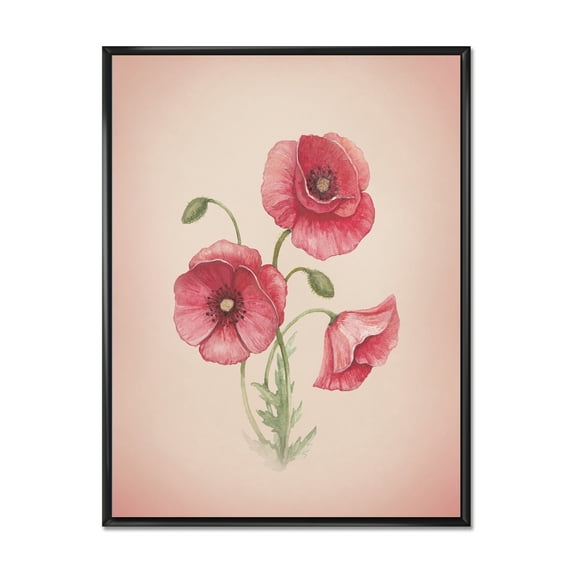 Designart 'Poppy Retro Flowers' Vintage Framed Canvas Wall Art Print